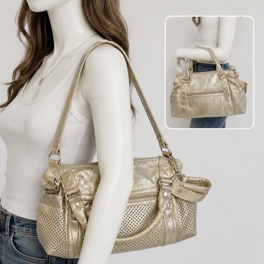 Big Buddha Metallic Gold Perforated Handbag Y2K Boho Glam Strap Pockets Metallic